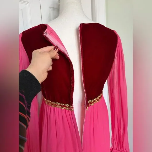 1970s Fuchsia Pink and Red Velvet Holiday Cottagecore Maxi Dress - Picture 14 of 15